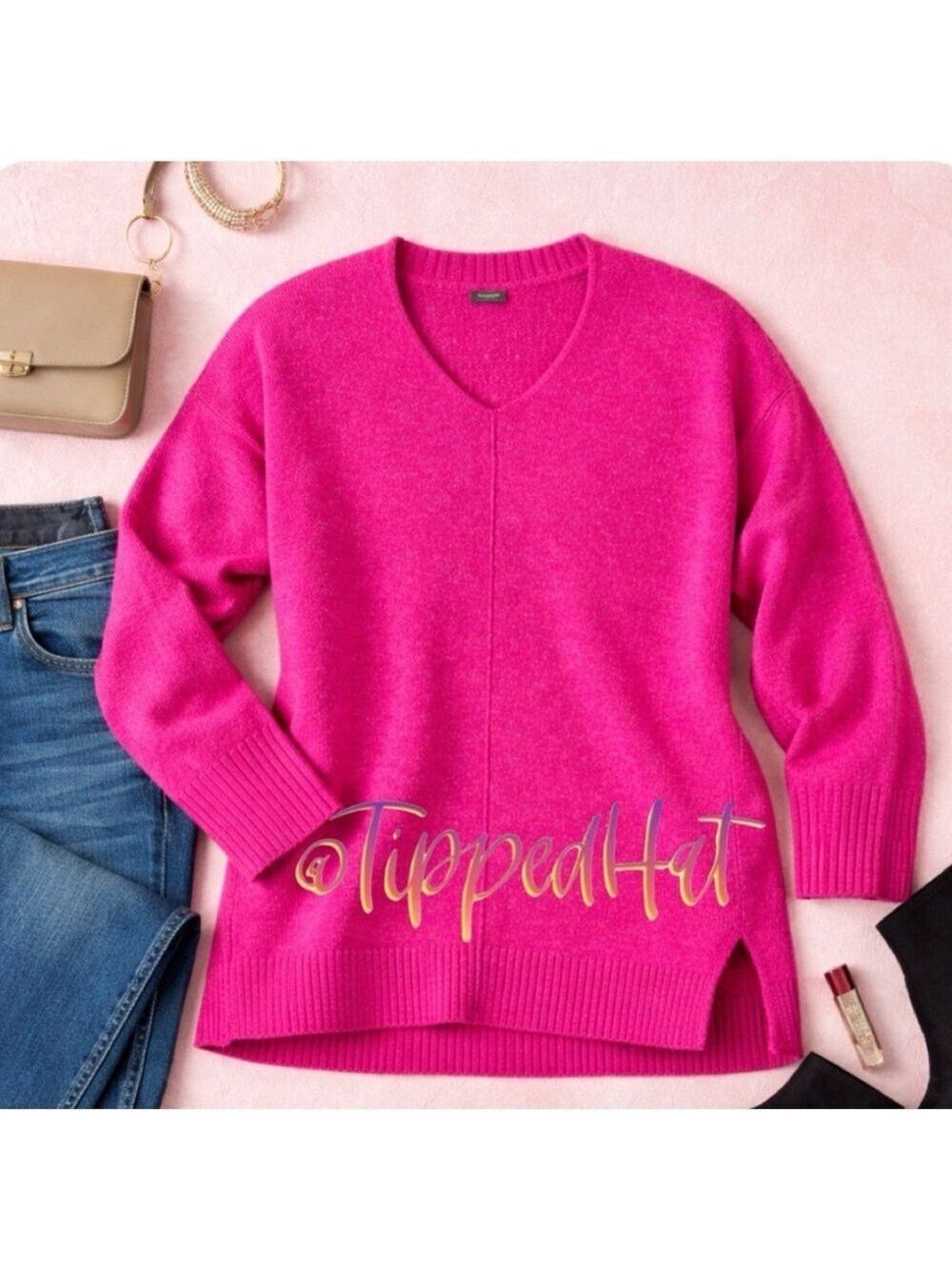 Vince Camuto Exposed-Seam V-Neck Sweater | Bold Pink NWT $79